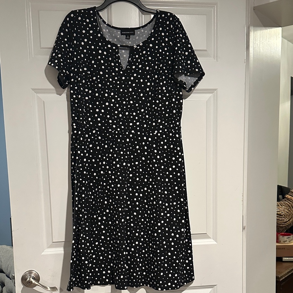 Black & White Polka Dot Midi Dress with Notch Neck - (Stitch Fix)